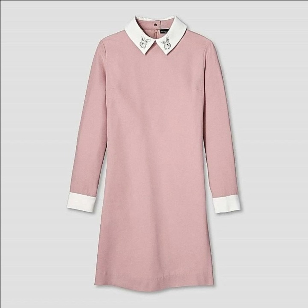 Women's Pink Long-Sleeve Collar Shift Dress